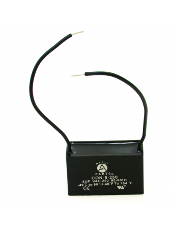 Appli Parts Fan Capacitor 5 mfd (microfarads) uf 250 VAC with 2 Wire Terminal Connections compatible with any brand with same capacitance 1-7/8in Width 3/4in Depth 1-1/8in Height CAP-5-250-2C