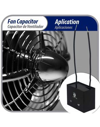 Appli Parts Fan Capacitor 5 mfd (microfarads) uf 250 VAC with 2 Wire Terminal Connections compatible with any brand with same capacitance 1-7/8in Width 3/4in Depth 1-1/8in Height CAP-5-250-2C