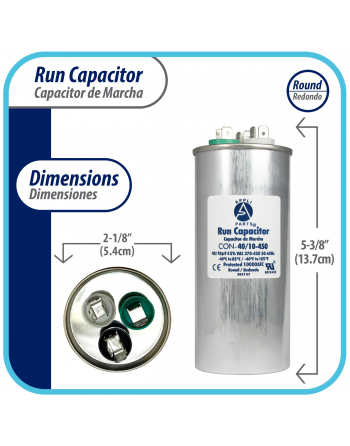 Appli Parts Dual Run Capacitor for ac 40+10 Mfd uF (microfarads) 370VAC or 450VAC CBB65 Round Universal fit for hvac and other applications 5-3/8 in High 2-1/8 in Wide CON-40/10-450 