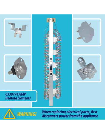 3387747 Appli Parts Heating Element Kit Replacement for Whirlpool Dryers and other models Includes 1 x 3387747 dryer heating element 1 x Thermostat 279816AP 1 x 279973AP and 3392519AP Thermal Fuse