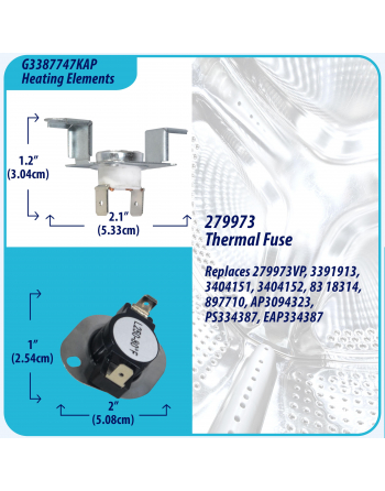 3387747 Appli Parts Heating Element Kit Replacement for Whirlpool Dryers and other models Includes 1 x 3387747 dryer heating element 1 x Thermostat 279816AP 1 x 279973AP and 3392519AP Thermal Fuse