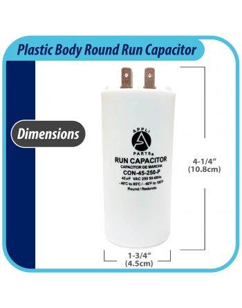 Appli Parts Run Capacitor for electric motors 45 Mfd uF (microfarads) 250VAC Plastic Case with terminals CBB60 Round Universal fit water pumps and others 4-1/4 in High 1-3/4 in Wide CON-45-250-P
