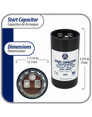 Appli Parts motor start capacitor 145-175 Mfd (microfarads) uF 110-125VAC universal fit for electric motor applications 1-7/16 in Diameter 2-3/4 in Height CON-145-110


