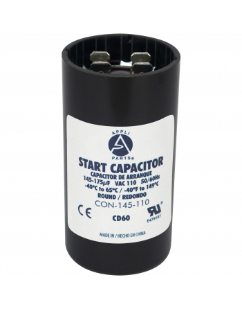 Appli Parts motor start capacitor 145-175 Mfd (microfarads) uF 110-125VAC universal fit for electric motor applications 1-7/16 in Diameter 2-3/4 in Height CON-145-110


