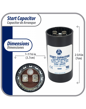 Appli Parts motor start capacitor 80-108 Mfd (microfarads) uF 250VAC universal fit for electric motor applications 1-7/16 in Diameter 2-3/4 in Height  CON-88-250


