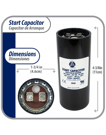 Appli Parts motor start capacitor 590-708 Mfd (microfarads) uF 250VAC universal fit for electric motor applications 1-3/4 in Diameter 4-3/8 in Height CON-590-250


