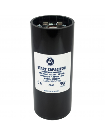 Appli Parts motor start capacitor 590-708 Mfd (microfarads) uF 250VAC universal fit for electric motor applications 1-3/4 in Diameter 4-3/8 in Height CON-590-250

