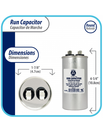 Appli Parts Run Capacitor for ac 45 Mfd uF (microfarads) 370 VAC or 450 VAC CBB65 Round Universal fit for hvac and other applications 4-1/4 in High 1-7/8 in Wide CON-45-450