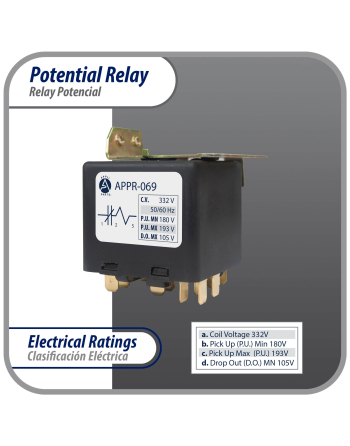 Appli Parts Potential Relay 069 Coil Voltage 332V Min Pick up 180V Max Pick up 193V Max Drop Out 105V 50/60 Hz Universal replacement for HVAC and Refrigeration units APPR-069
