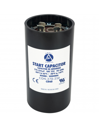 Appli Parts motor start capacitor 270-324 Mfd (microfarads) uF 250VAC universal fit for electric motor applications 1-3/4 in Diameter 4-3/8 in Height CON-270-250 
