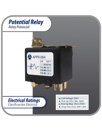 Appli Parts Potential Relay 064 Coil Voltage 395V Min Pick up 260V Max Pick up 275V Max Drop Out 120V 50/60 Hz Universal replacement for HVAC and Refrigeration units APPR-064

