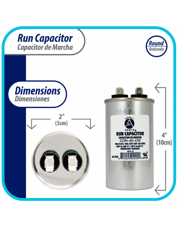 Appli Parts Run Capacitor for ac 40 Mfd uF (microfarads) 370 VAC or 450 VAC CBB65 Round Universal fit for hvac and other applications 4 in High 2 in Wide CON-40-450