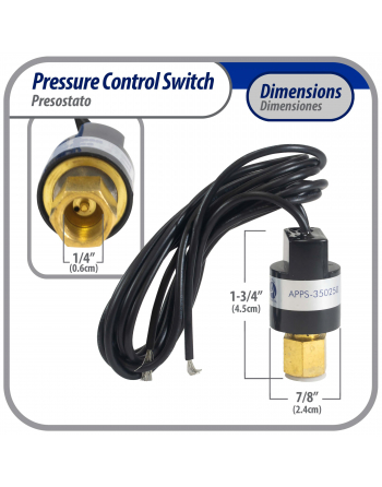 Appli Parts Pressure control switch Hi Open 350 psi Close 250 psi 39-3/8in cable SPST 1/4in female connection Automatic Reset universal air conditioning applications APPS-350250