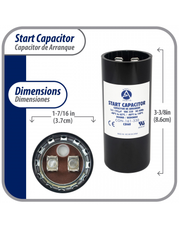 Appli Parts motor start capacitor 161-193 Mfd (microfarads) uF 330VAC universal fit for electric motor applications 1-7/16 in Wide 3-3/8 in Height CON-161-330


