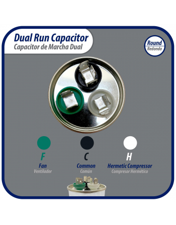 Appli Parts Dual Run Capacitor for ac 75+10 Mfd uF (microfarads) 370VAC or 450VAC CBB65 Round Universal fit for hvac and other applications 5-5/8 in High 2-1/4 in Wide CON-75/10-450