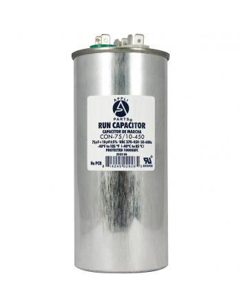 Appli Parts Dual Run Capacitor for ac 75+10 Mfd uF (microfarads) 370VAC or 450VAC CBB65 Round Universal fit for hvac and other applications 5-5/8 in High 2-1/4 in Wide CON-75/10-450
