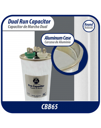 Appli Parts Dual Run Capacitor for ac 75+10 Mfd uF (microfarads) 370VAC or 450VAC CBB65 Round Universal fit for hvac and other applications 5-5/8 in High 2-1/4 in Wide CON-75/10-450