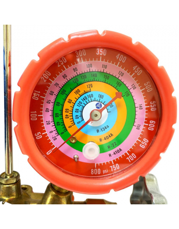 Appli Parts Manifold Gauge Set R134/R22/R404/R410 Pressure psi Temperature Fahrenheit Scales Brass Body with Sight-glass Includes 36in Hose Set 1/4in SAE APMG-A3B36S