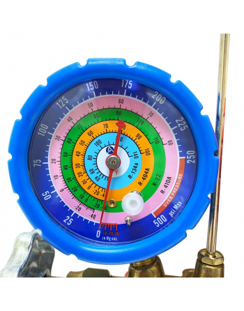 Appli Parts Manifold Gauge Set R134/R22/R404/R410 Pressure psi Temperature Fahrenheit Scales Brass Body with Sight-glass Includes 36in Hose Set 1/4in SAE APMG-A3B36S