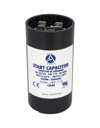 Appli Parts motor start capacitor 189-227 Mfd (microfarads) uF 110-125VAC universal fit for electric motor applications 1-7/16 in Diameter 2-3/4 in Height CON-189-110 

