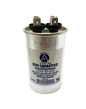 Appli Parts Run Capacitor for ac 20 Mfd uF (microfarads) 370 VAC or 450 VAC CBB65 Round Universal fit for hvac and other applications 3-3/8 in High 1-3/4 in Wide CON-20-450
