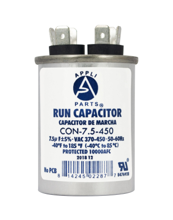 Appli Parts Run Capacitor for ac 7.5 Mfd uF (microfarads) 370 VAC or 450 VAC CBB65 Round Universal fit for hvac and other applications 2-1/2 in High 1-1/2 in Wide CON-7.5-450