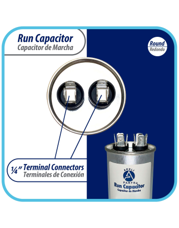 Appli Parts Run Capacitor for ac 7.5 Mfd uF (microfarads) 370 VAC or 450 VAC CBB65 Round Universal fit for hvac and other applications 2-1/2 in High 1-1/2 in Wide CON-7.5-450