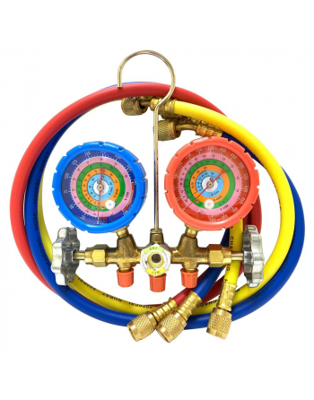 Appli Parts Manifold Gauge Set R134/R22/R404/R410 Pressure psi Temperature Fahrenheit Scales Brass Body with Sight-glass Includes 36in Hose Set 1/4in SAE APMG-A3B36S