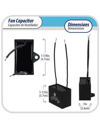 Appli Parts Fan Capacitor 10 mfd (microfarads) uf 250 VAC with 2 Wire Terminal Connections compatible with any brand with same capacitance 1-7/8in Width 1in depth 1-1/2in Height CAP-10-250-2C
