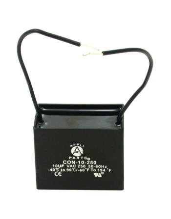 Appli Parts Fan Capacitor 10 mfd (microfarads) uf 250 VAC with 2 Wire Terminal Connections compatible with any brand with same capacitance 1-7/8in Width 1in depth 1-1/2in Height CAP-10-250-2C
