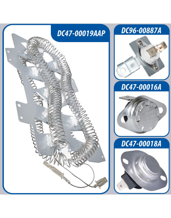 DC47-00019A Appli Parts Heating Element Kit DC47-00019AKAP 
Includes: DC47-00019A Heater, DC47-00018A Thermostat, DC96-00887A Fuse, DC47-00016A Fuse