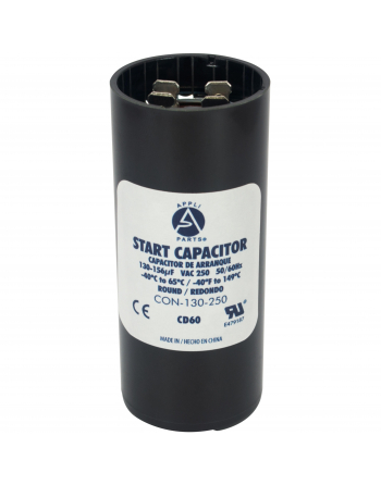 Appli Parts motor start capacitor 130-156 Mfd (microfarads) uF 250VAC universal fit for electric motor applications 1-7/16 in Wide 3-3/8 in Height CON-130-250
