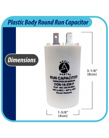Appli Parts Run Capacitor for electric motors 16 Mfd uF (microfarads) 250VAC Plastic Case with terminals CBB60 Round Universal fit water pumps and others 3-1/8 in High 1-5/8 in Wide CON-16-250-P