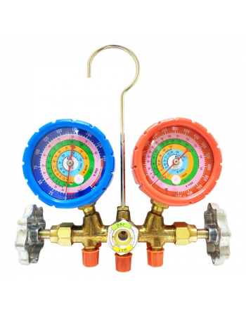 Appli Parts Manifold Gauge Set R134/R22/R404/R410 Pressure psi Temperature Fahrenheit Scales Brass Body with Sight-glass Includes 36in Hose Set 1/4in SAE APMG-A3B36S