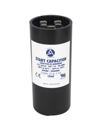 Appli Parts motor start capacitor 216-259 Mfd (microfarads) uF 110-125VAC universal fit for electric motor applications 1-7/16 in Diameter 3-3/8 in Height CON-216-110
