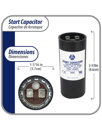 Appli Parts motor start capacitor 216-259 Mfd (microfarads) uF 110-125VAC universal fit for electric motor applications 1-7/16 in Diameter 3-3/8 in Height CON-216-110
