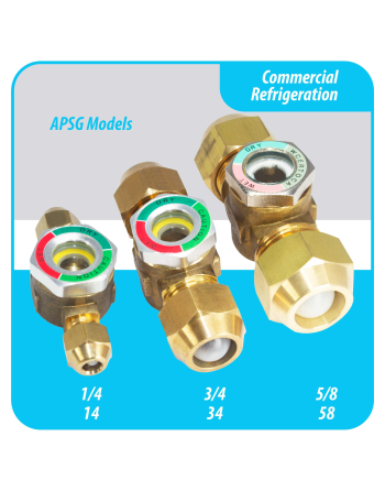 Appli Parts Sight Glass liquid moisture indicator with 5/8 x 5/8 in Flare connections take-apart body type suitable for CFC HCFC HFC refrigerants APSG-58
