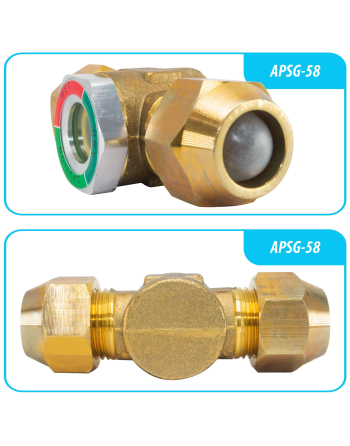 Appli Parts Sight Glass liquid moisture indicator with 5/8 x 5/8 in Flare connections take-apart body type suitable for CFC HCFC HFC refrigerants APSG-58