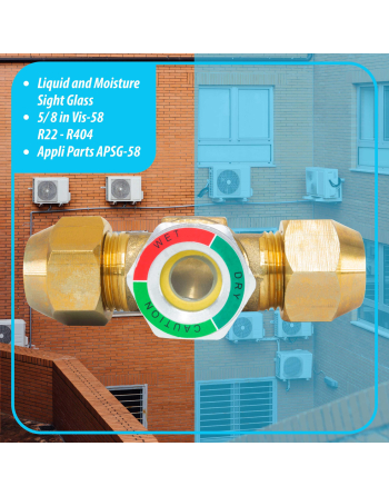 Appli Parts Sight Glass liquid moisture indicator with 5/8 x 5/8 in Flare connections take-apart body type suitable for CFC HCFC HFC refrigerants APSG-58