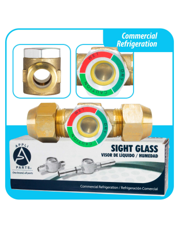 Appli Parts Sight Glass liquid moisture indicator with 5/8 x 5/8 in Flare connections take-apart body type suitable for CFC HCFC HFC refrigerants APSG-58