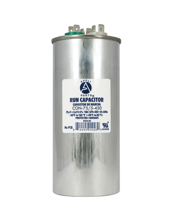 Appli Parts Dual Run Capacitor for ac 75+5 Mfd uF (microfarads) 370VAC or 450VAC CBB65 Round Universal fit for hvac and other applications 5-5/8 in High 2-1/4 in Wide CON-75/5-450