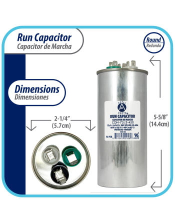 Appli Parts Dual Run Capacitor for ac 75+5 Mfd uF (microfarads) 370VAC or 450VAC CBB65 Round Universal fit for hvac and other applications 5-5/8 in High 2-1/4 in Wide CON-75/5-450