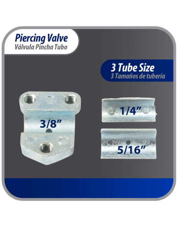 Appli Parts Bullet Piercing Valve kit with 1/4, 5/16 or 3/8 in tube size adapters and o ring seal for small refrigeration systems with 1/4in SAE Service Port APT-PV110