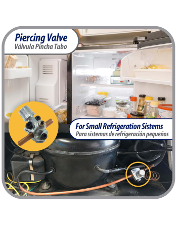 Appli Parts Bullet Piercing Valve kit with 1/4, 5/16 or 3/8 in tube size adapters and o ring seal for small refrigeration systems with 1/4in SAE Service Port APT-PV110