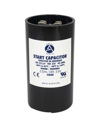 Appli Parts motor start capacitor 189-227 Mfd (microfarads) uF 330VAC universal fit for electric motor applications 1-3/4 in Wide 3-3/8 in Height CON-189-330
