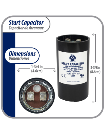 Appli Parts motor start capacitor 189-227 Mfd (microfarads) uF 330VAC universal fit for electric motor applications 1-3/4 in Wide 3-3/8 in Height CON-189-330
