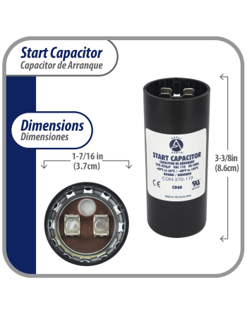 Appli Parts motor start capacitor 270-324 Mfd (microfarads) uF 110-125VAC universal fit for electric motor applications 1-7/16 in Wide 3-3/8 in Height CON-270-110
