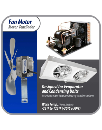 Appli Parts refrigeration condenser motor 10W 115V 60Hz 0.65A 1450rpm includes base and 9in aluminum Fan Blade CCW shaft end Universal fit APFM-101E