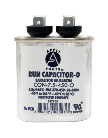 Appli Parts Run Capacitor for ac 7.5 Mfd uF (microfarads) 370 VAC or 450 VAC CBB65 Oval Universal fit for hvac and other applications 2-3/4in H 1-3/8in W 2-1/8in L CON-7.5-450-O