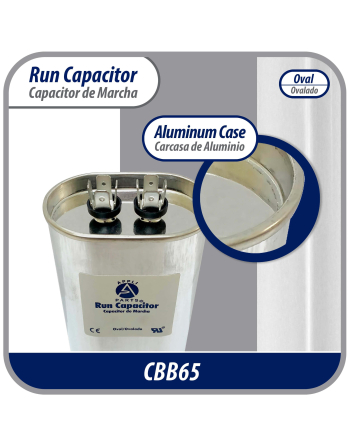 Appli Parts Run Capacitor for ac 15 Mfd uF (microfarads) 370 VAC or 450 VAC CBB65 Oval Universal fit for hvac and other applications 3-1/2in H 1-3/8in W 2-1/8in L CON-15-450-O